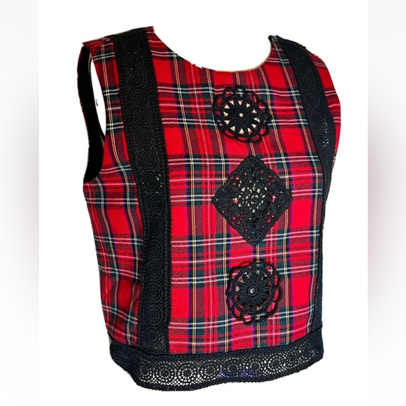 Endless Rose Tartan Plaid Embroidered Strap Sleeveless Top Size M Crochet - Picture 2 of 8